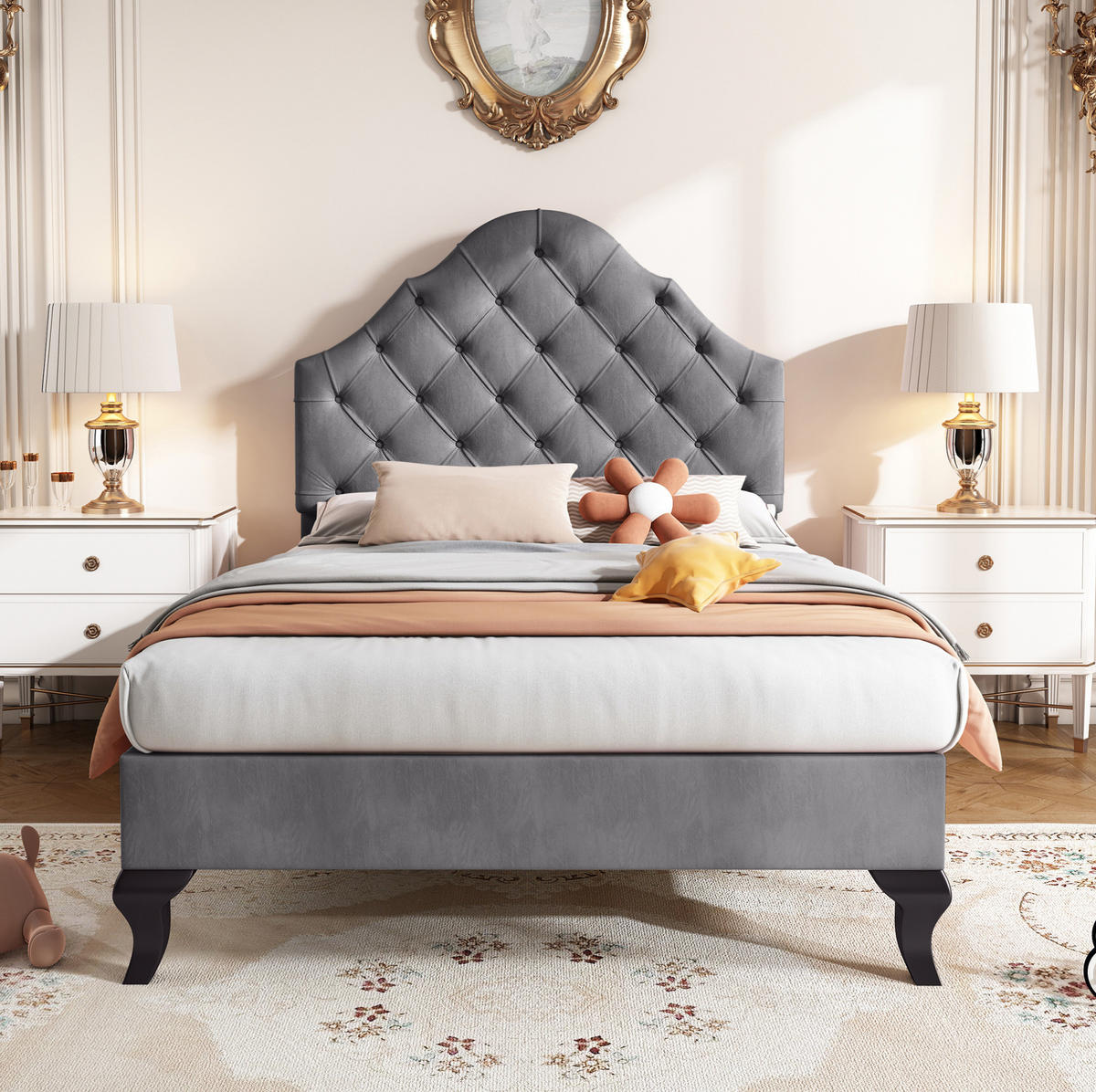 POLSTERBETT 90/200 cm grau mit höhenverstellbarem Kopfteil und Lattenrost - Grau, Textil (90/200cm) - OKWISH