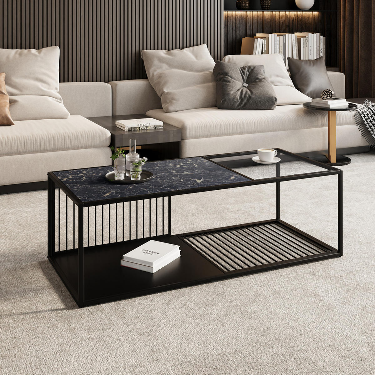 COUCHTISCH Schmiedeeisen Glas Großer Stauraum Modern Industriestil - Schwarz, Holz (116.84/60.96/15.49cm) - FLIEKS