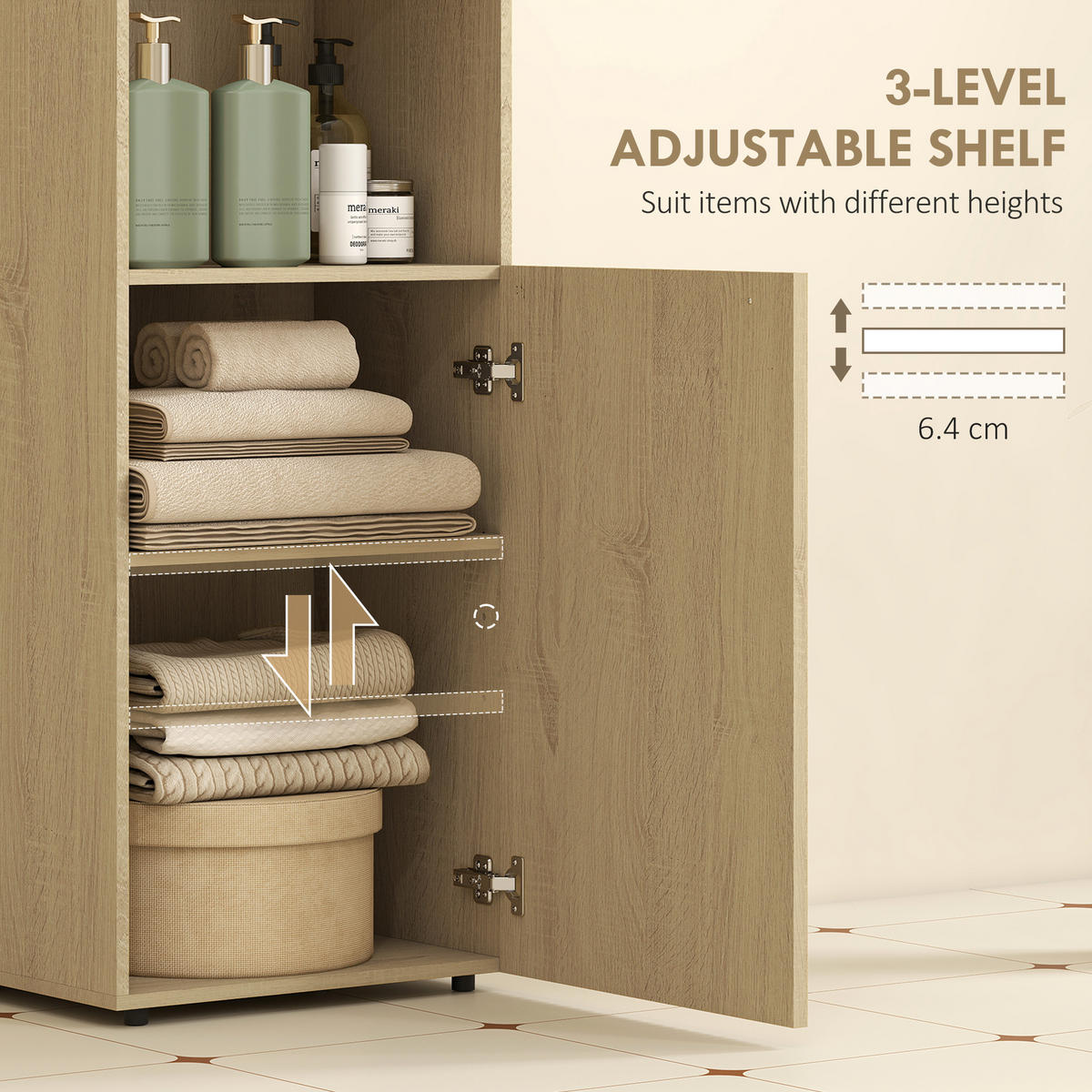 BADEZIMMERSCHRANK Nischenschrank mit Schrank, offen Regal, verstellbar Regal - Eichefarben/Schwarz, Holzwerkstoff/Metall (31/104/40cm) - HOMCOM