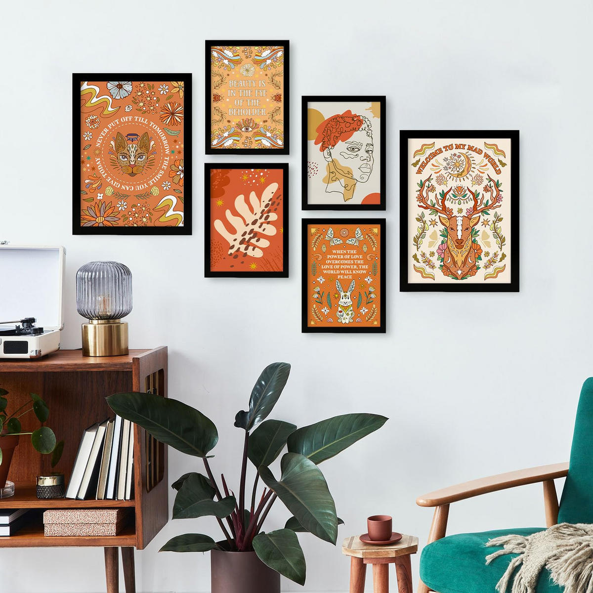 POSTER Set Mit 6 Drucken Von Orange In Brilliant Groovy Style Collection Dekorative Rahmen Für Ihr Zuhause Wandkunstdruck A3 & A4 Schwarzer Rahmen - Schwarz, Papier (29/3cm) - Nacnic