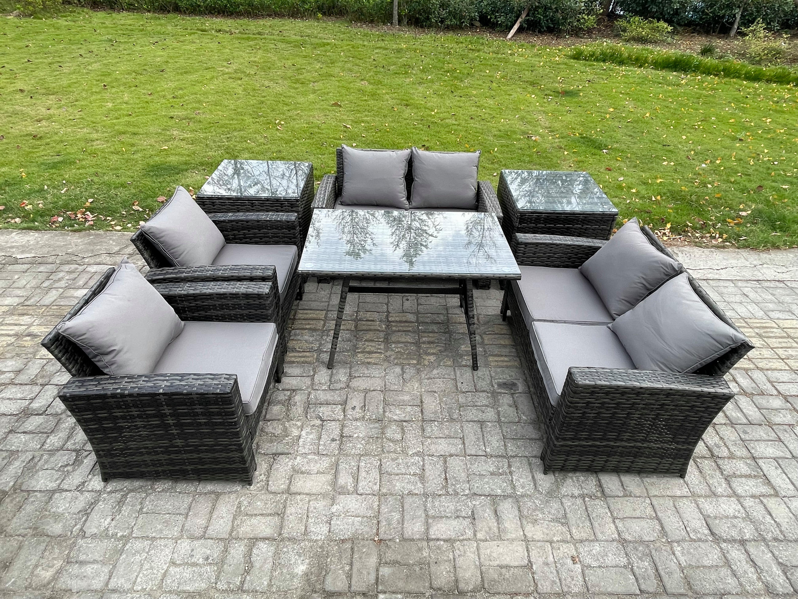GARTENMÖBELSET mit ESSTISCH,HOCHLEHNER-SOFA Polyrattan Dunkelgrauer Mix 6-Sitzer - Dunkelgrau/Grau, Glas/Kunststoff - Fimous