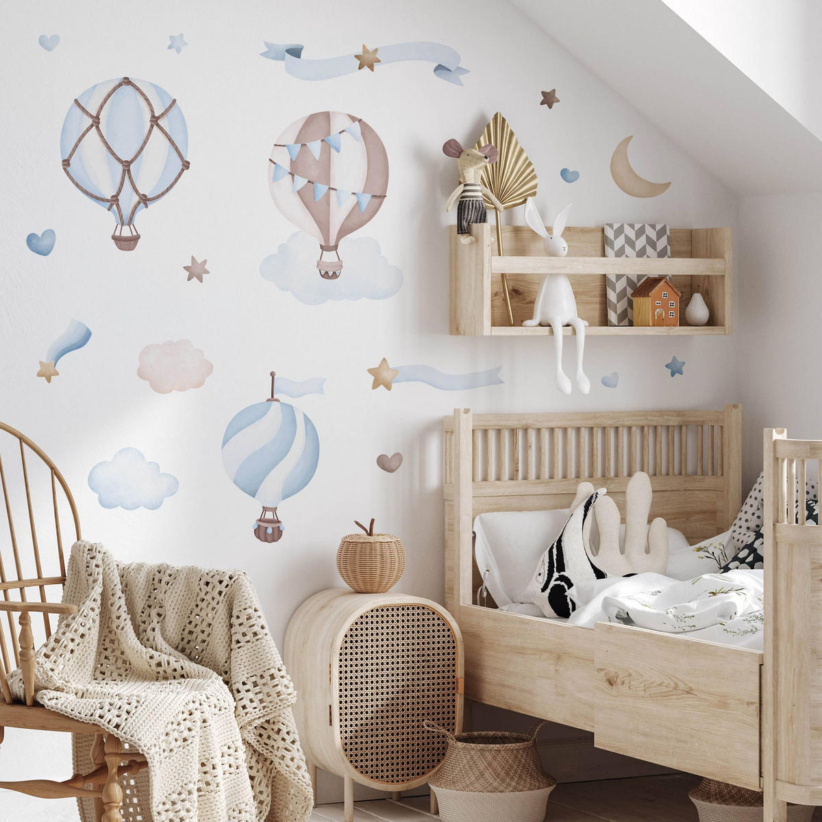 STICKER SET für Kinder blaue Luftballons Wolken Sterne Boho 60x30 - Beige/Braun, Papier (60/30/1cm) - Muralo