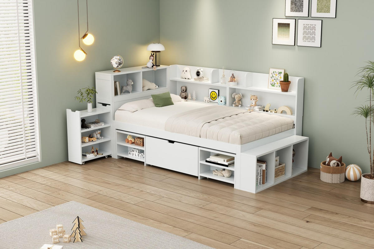KINDERBETT 90/200 cm in Weiß mit Schublade, Regal und Stauraum - Weiß, Holz/Holzwerkstoff (90/200cm) - WISHDOR