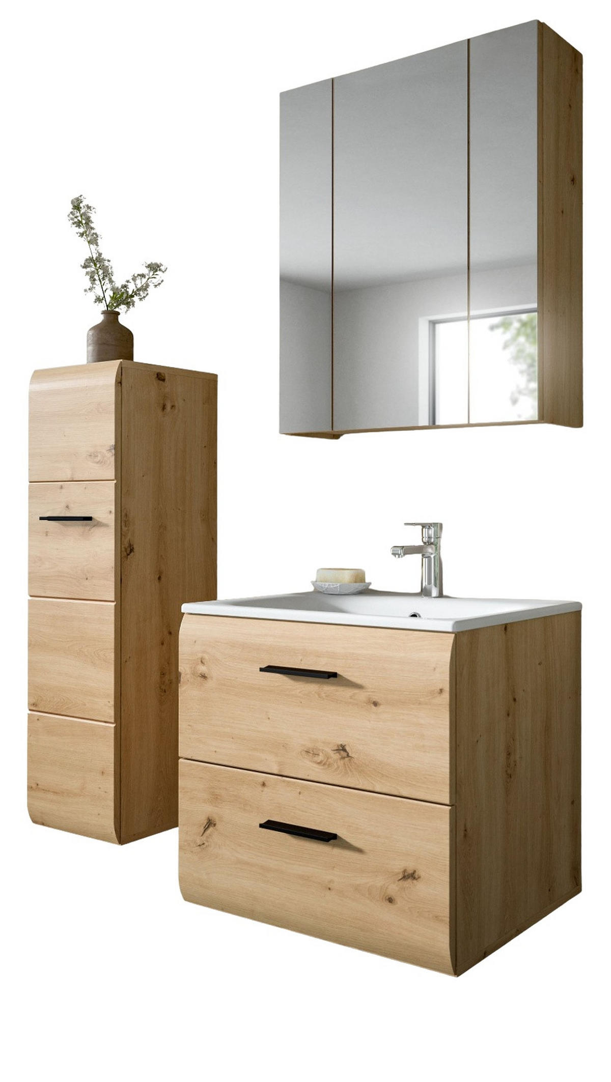 BADMÖBEL SET 3-teilig in Artisan Eiche, Badkombination 105 x 185 cm, Cover - Schwarz/Eiche Artisan, Glas/Keramik (105/185/30cm) - Inn.Furn