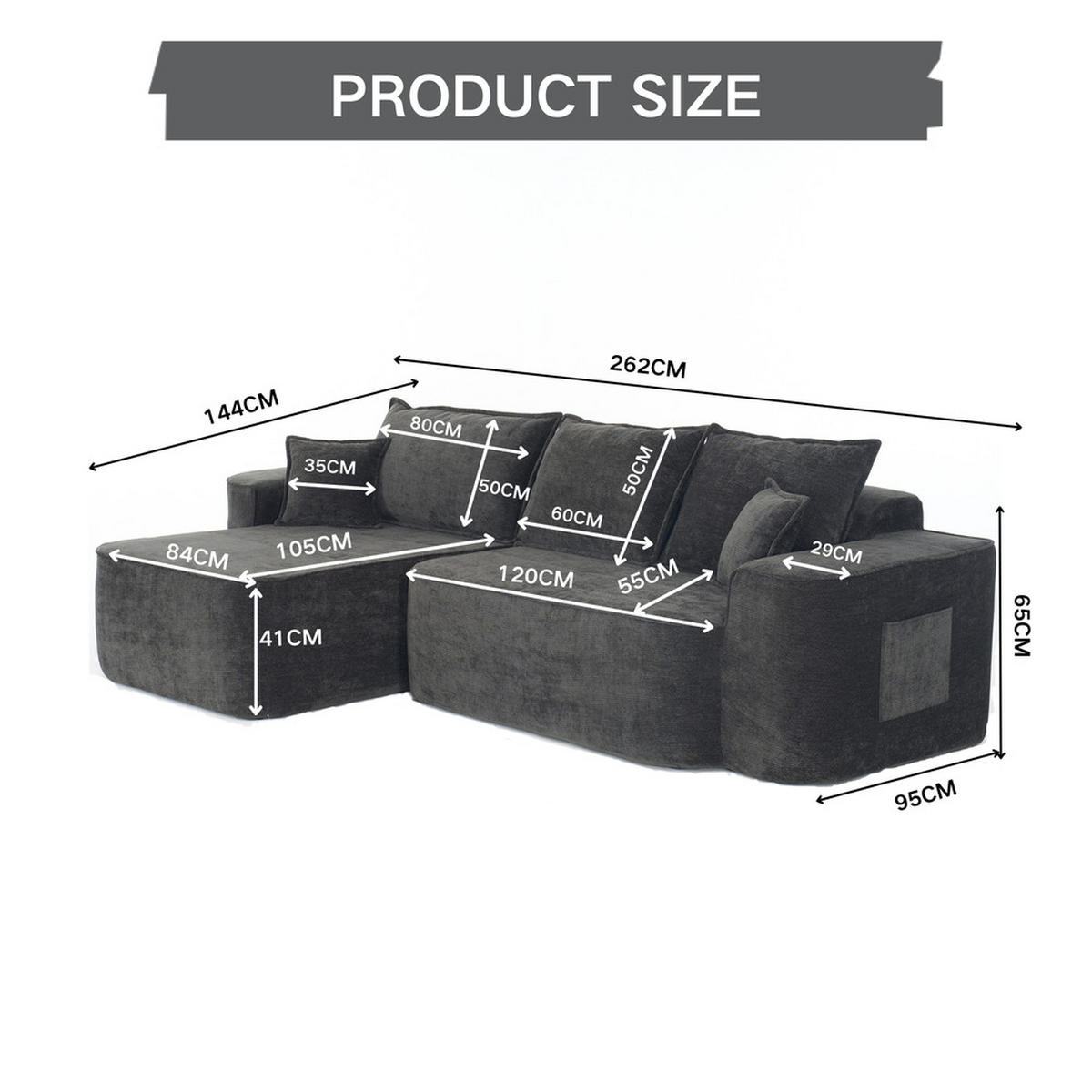 ECKSOFA Chenille-Stoff 262cm - Schwarz, Textil (144/262cm) - Raelunyi
