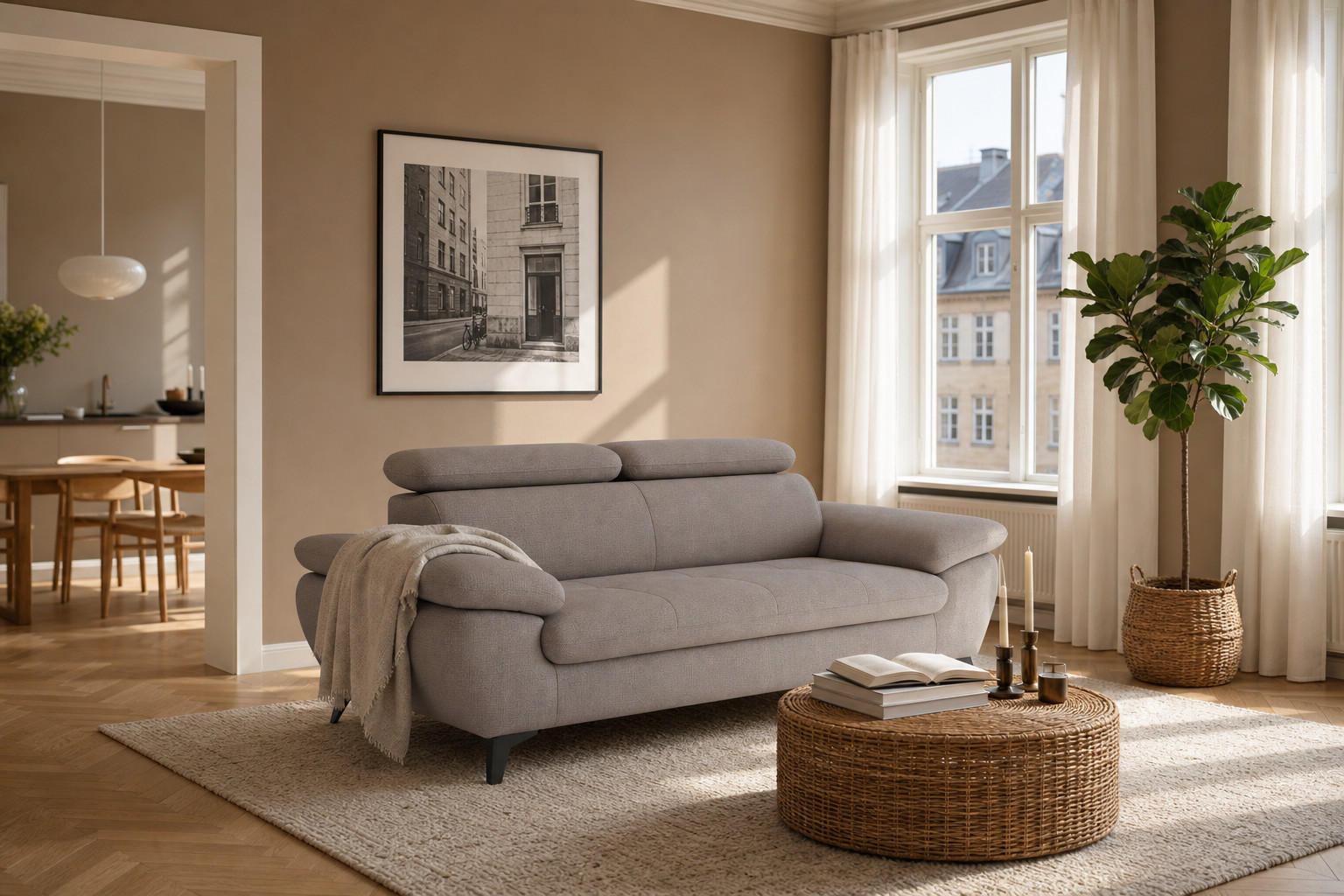 2,5-SITZER Karlstad Chenille Braun verstell. Kopfstützen B 194 cm - Graubraun, Kunststoff/Textil (194/84/100cm) - foamnova