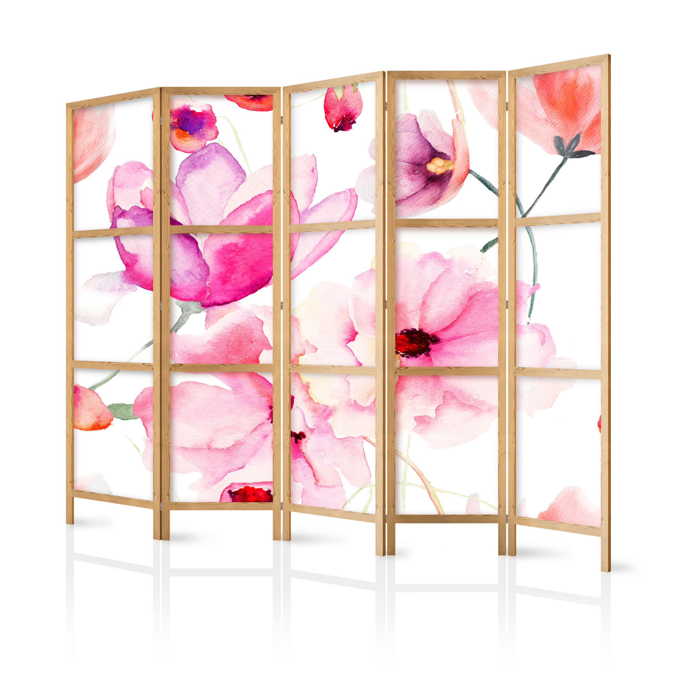 PARAVENT Japanischer 5-tlg 225x172 cm Aquarell Blumen - Multicolor, Holz/Textil (225/172/3cm) - Muralo