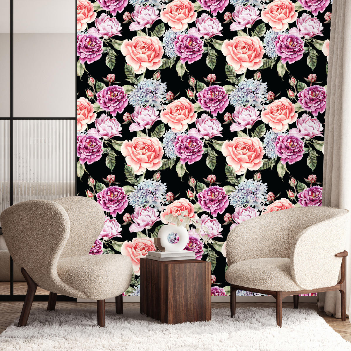VLIESTAPETE Rosen und Pfingstrosen – Rosa, Grün, Schwarz – 50x1000 cm - Schwarz/Rosa, Papier (50/1000cm) - Muralo