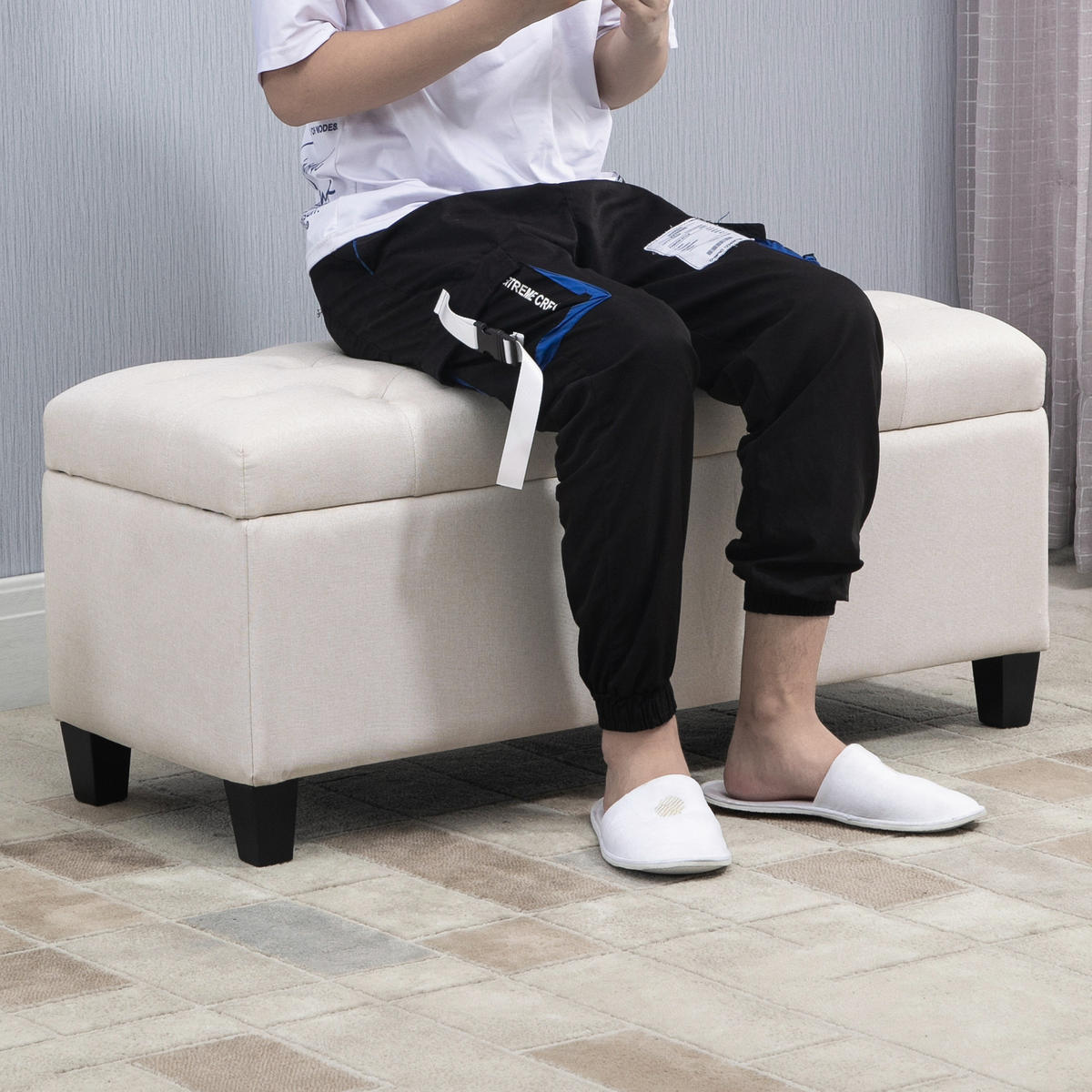 TRUHENBANK DE-16415 mit Knopfheftung und Stauraum Weiß - Weiß, Textil (100/44/40cm) - ComfortXL