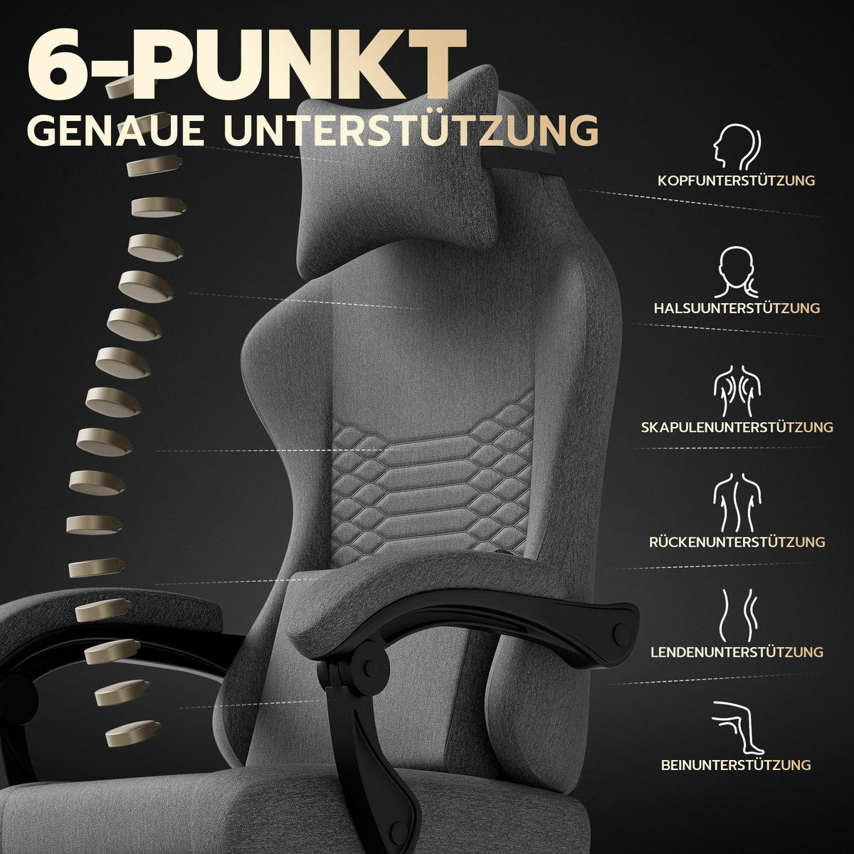 GAMING-STUHL ergonomischer, Bürostuhl mit Fußstütze & Lendenstütze - Grau, Textil (65/114/65cm)
