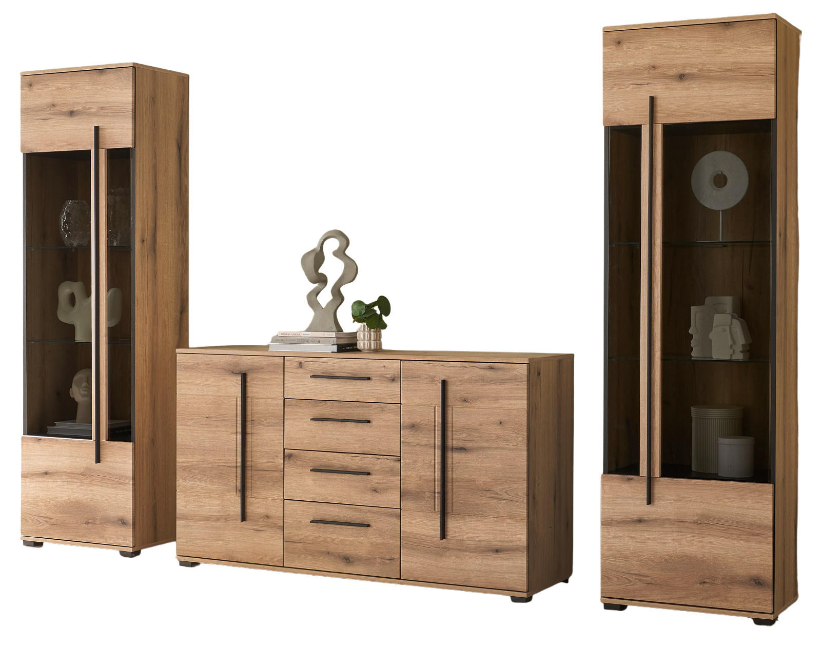 WOHNWAND Eiche Evoke, Wohnkombination 3-teilig mit Soft-Close - Eichefarben/Schwarz, Glas/Holzwerkstoff (290/200/42cm) - Furn.Design