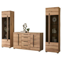 WOHNWAND Eiche Evoke, Wohnkombination 3-teilig mit Soft-Close - Eichefarben/Schwarz, Glas/Holzwerkstoff (290/200/42cm) - Furn.Design