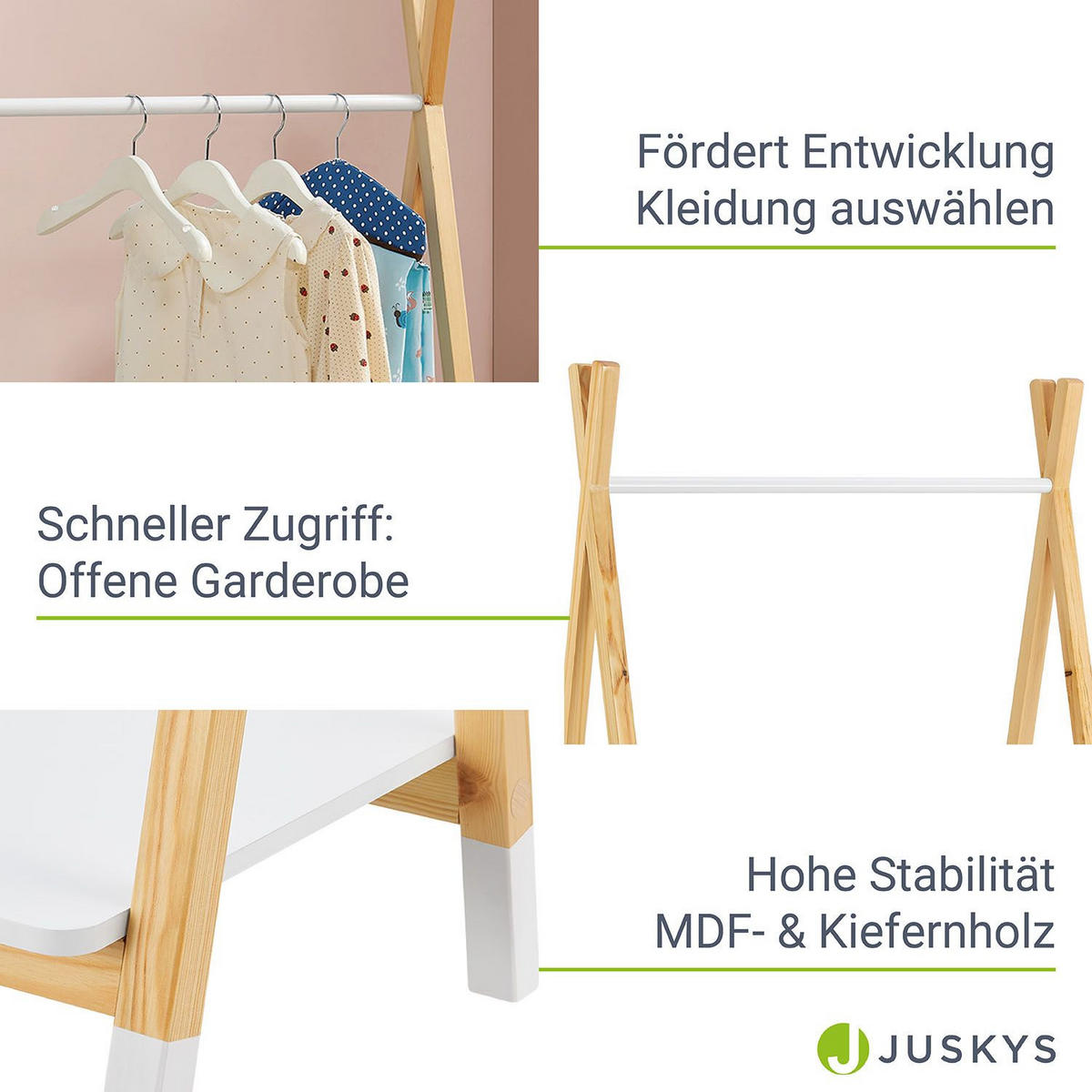 KLEIDERSTÄNDER Heidy Kinderkleiderschrank - Weiß, Holz (40/100/80cm) - Juskys