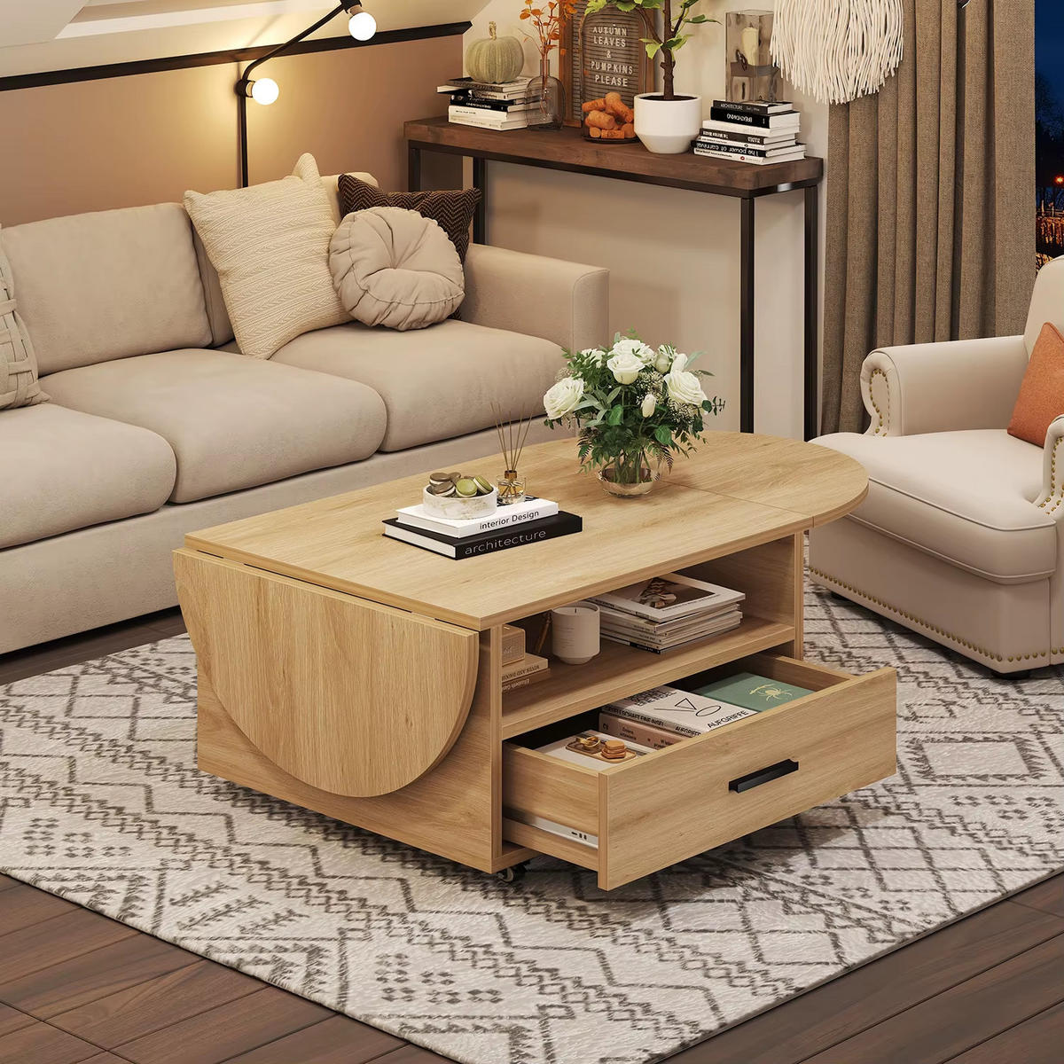 COUCHTISCH Wohnzimmertisch mit Stauraum 120 x 60 x 45 cm Klappplatte - Naturfarben, Holzwerkstoff/Metall (120/120/45cm) - Quality Elegance