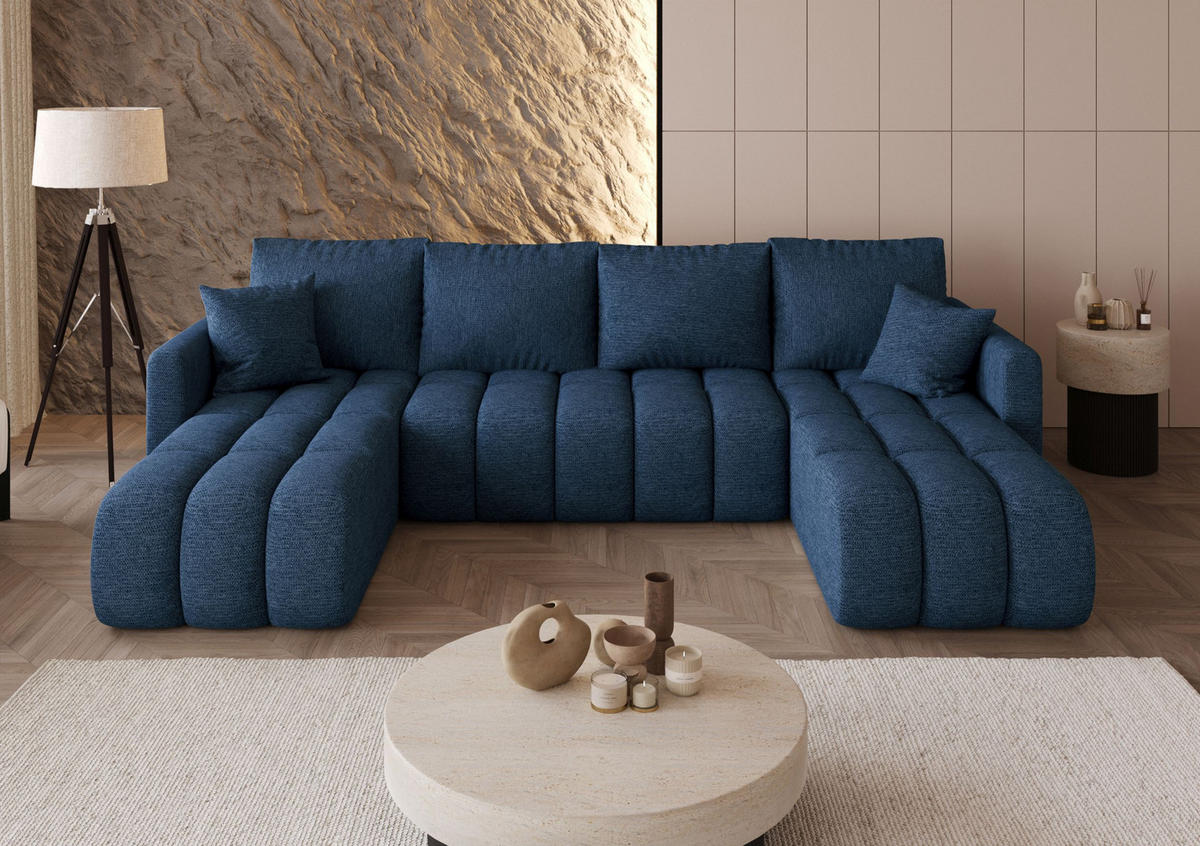 SEDACÍ souprava GARDA tvar U tmavě modrá pletená tkanina Aragon 79 - funkce spaní, úložný prostor - tmavě modrá, textil (305/88/150cm) - Cornero