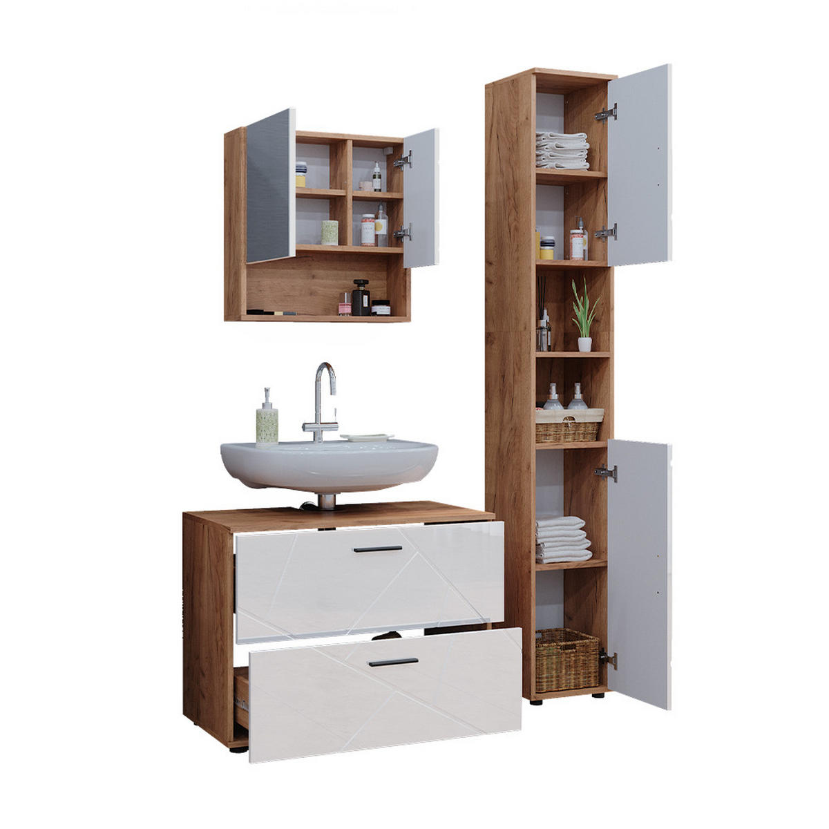 BADMÖBEL-SET Irma Weiß Hochglanz/Goldkraft Eiche 3 Teile - Honigeiche/Weiß Hochglanz, Holzwerkstoff (80/58.6/41cm) - Vicco