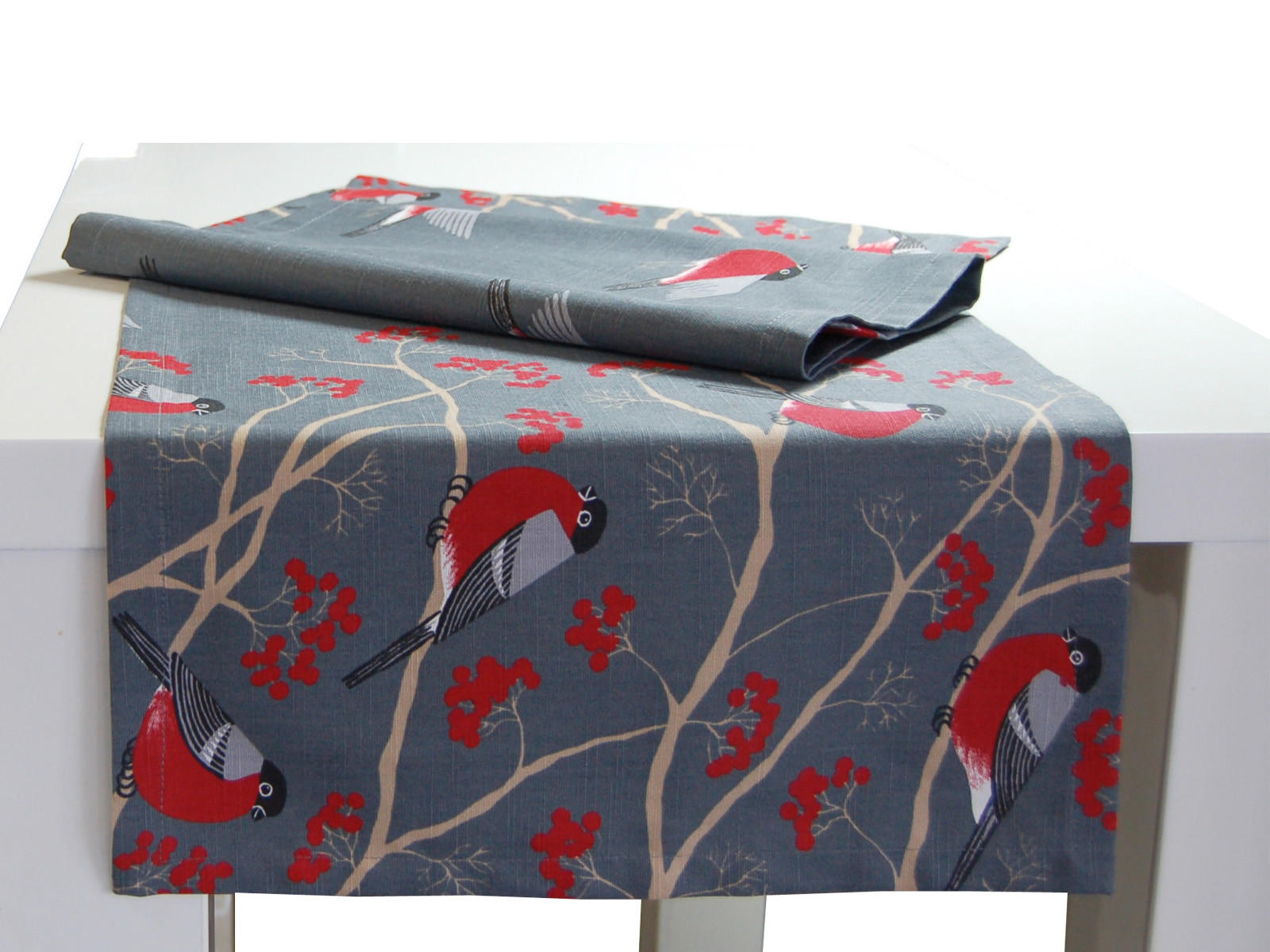 TISCHLÄUFER Beeren Vögel Baumwolle stone 150/40 cm - Grau, Textil (40/150cm) - beties Heimtextil