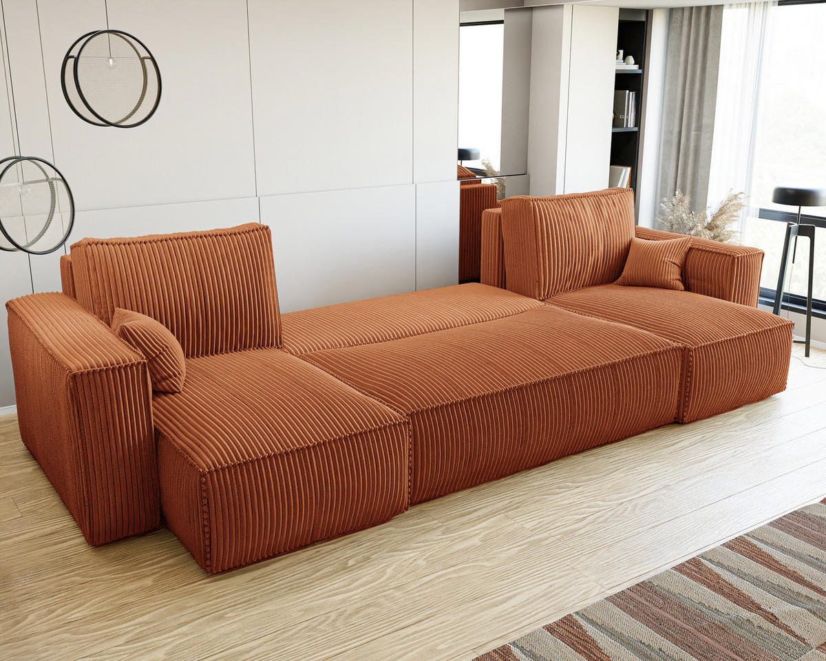 ECKSOFA mit Schlaffunktion und Bettkasten, Ziegelrot - Orange, Holzwerkstoff/Textil (312/145cm) - Idohome