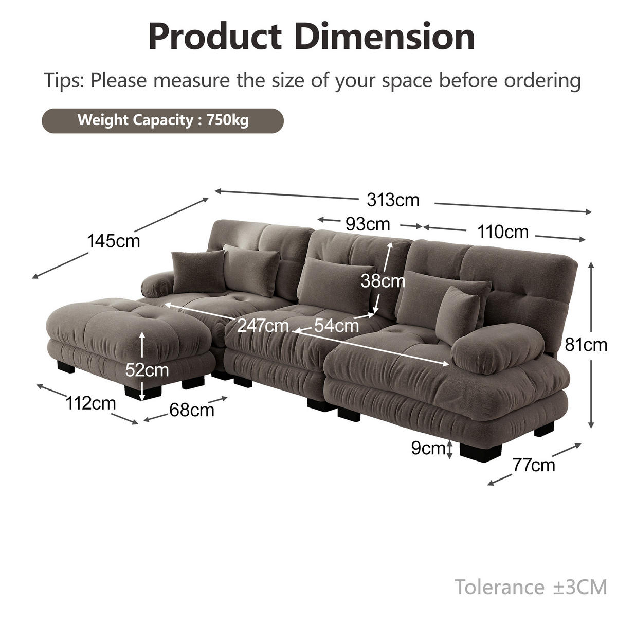 ECKSOFA 313/145/81 cm braun aus Chenille modular mit Ottomanen - Braun, Textil (145/313cm) - OKWISH