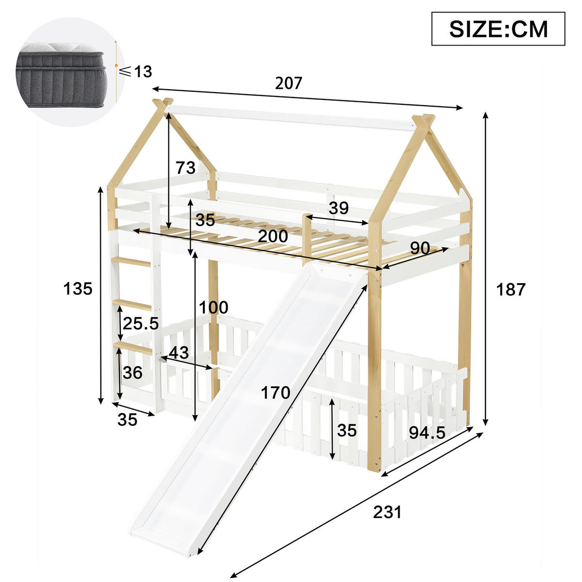 ETAGENBETT Dachform mit Rutsche Weiß+Natur 90x200cm - Naturfarben, Holz (90/200cm) - ComfortXL