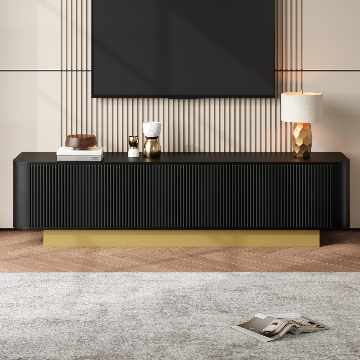 TV-LOWBOARD aus MDF und Spanplatte 170x40,5x47 cm Schwarz mit 3 Türen und Kabelmanagement - Schwarz, Holzwerkstoff (170/47/40.5cm) - IVMEU