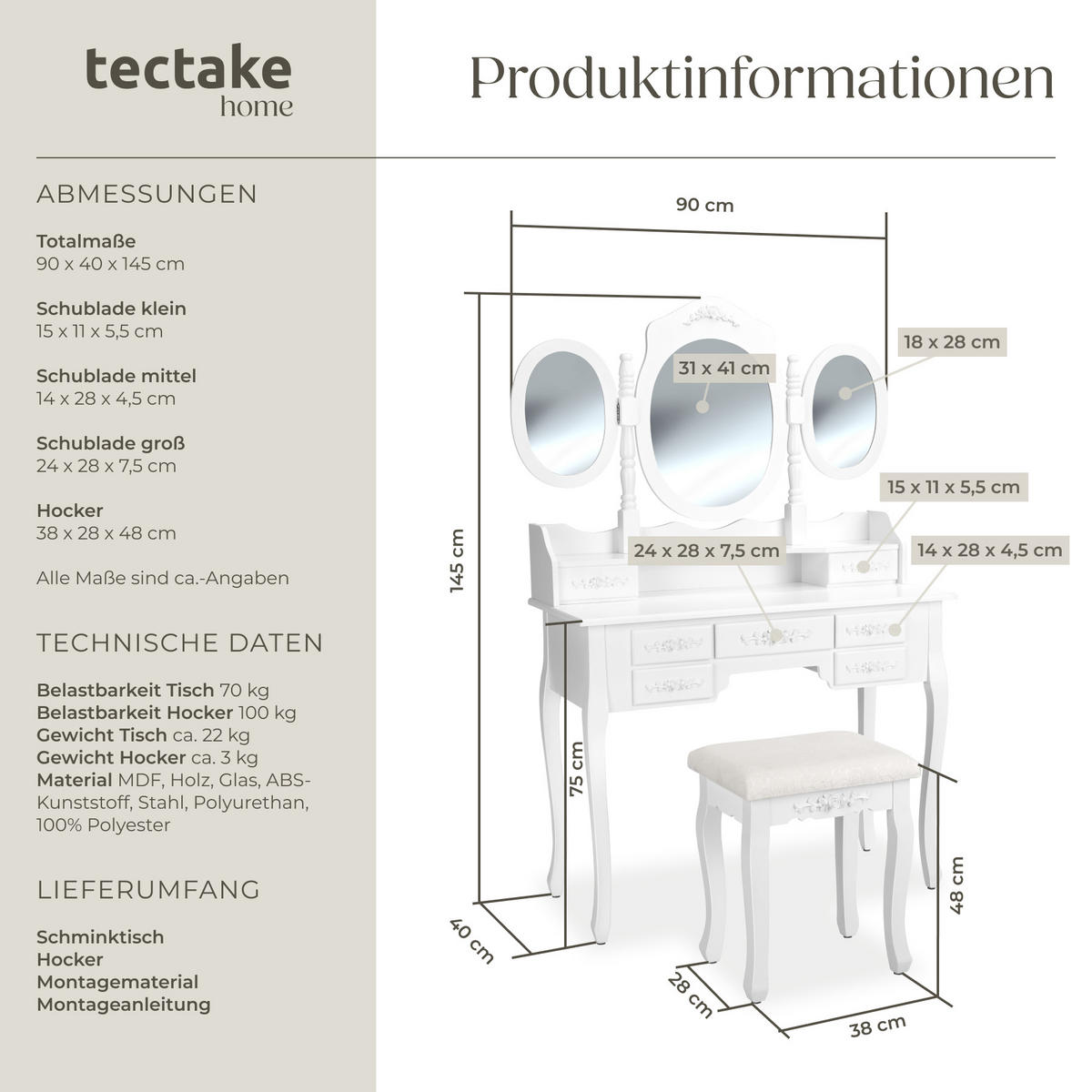 SCHMINKTISCH ,90 x 40 x 145 cm,weiß - Weiß, Holz (40/145/90cm) - tectake