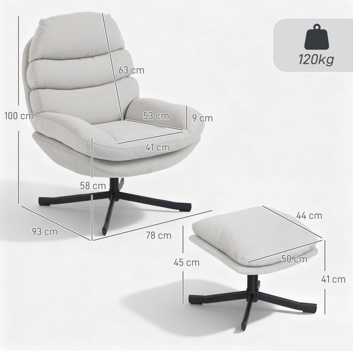 RELAXSESSEL mit Hocker Chenille-Stoff 360° drehbar 78/93/100 cm Cremeweiß - Creme, Textil (78/100/93cm) - Redom