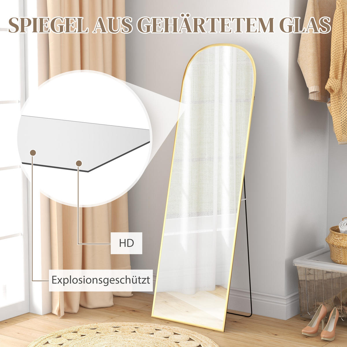 GANZKÖRPERSPIEGEL, 161,5 x 50 cm Wandspiegel mit Ständer für Wohnzimmer Gold - Goldfarben, Glas (50/161.5/1.5cm) - HOMCOM