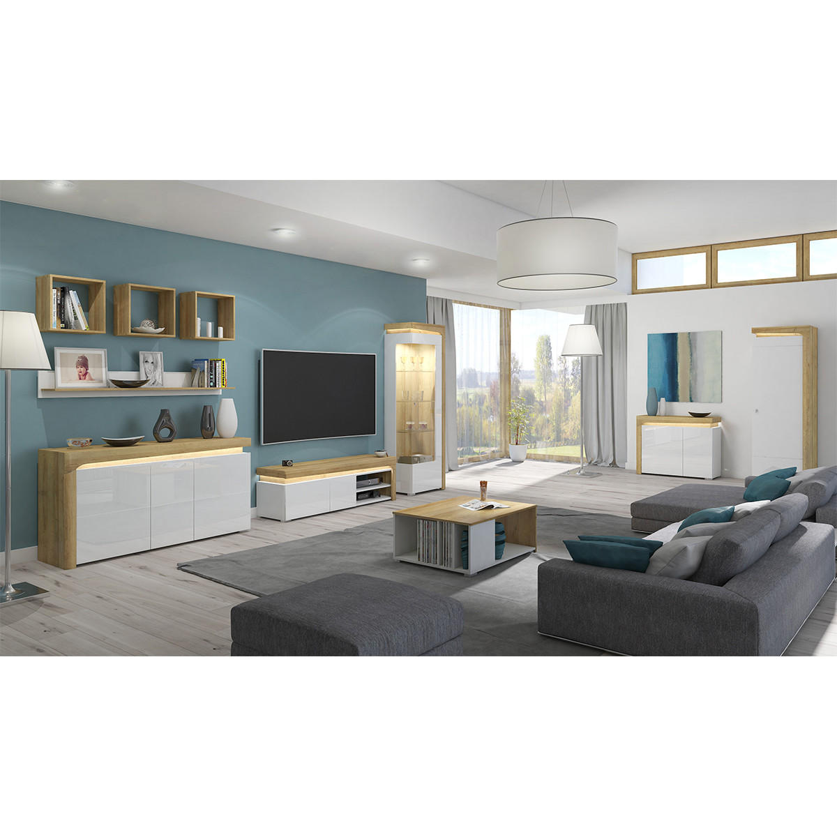 VITRÍNA Teo Bílá a dřevo - bílá, kompozitní dřevo (64/197/43cm) - Petits-meubles