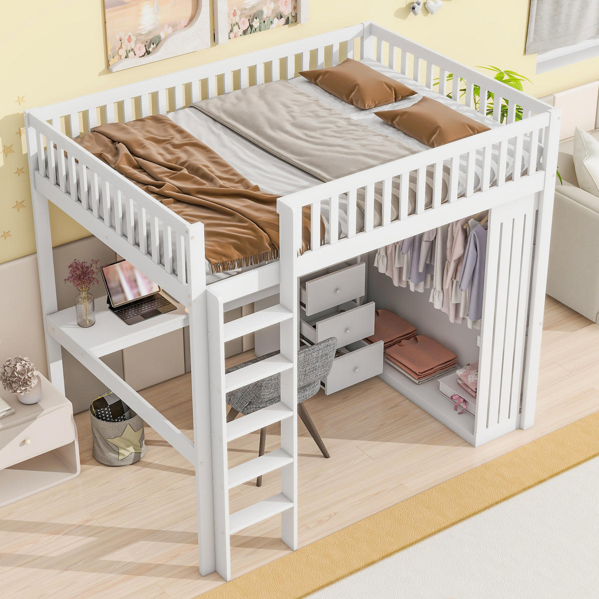 HOCHBETT aus Kiefer und MDF 140x200 cm Weiß mit Schreibtisch, Kleiderschrank, 3 Schubladen und Treppe - Weiß, Holzwerkstoff (90/190cm) - Modfu
