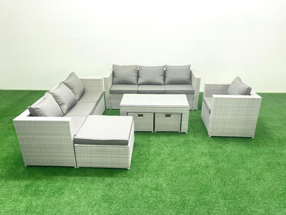 GARTENSOFA hohe Rückenlehne Polyrattan Hellgrau-Mix 10-Sitzer - Hellgrau/Grau, Glas/Kunststoff - Fimous