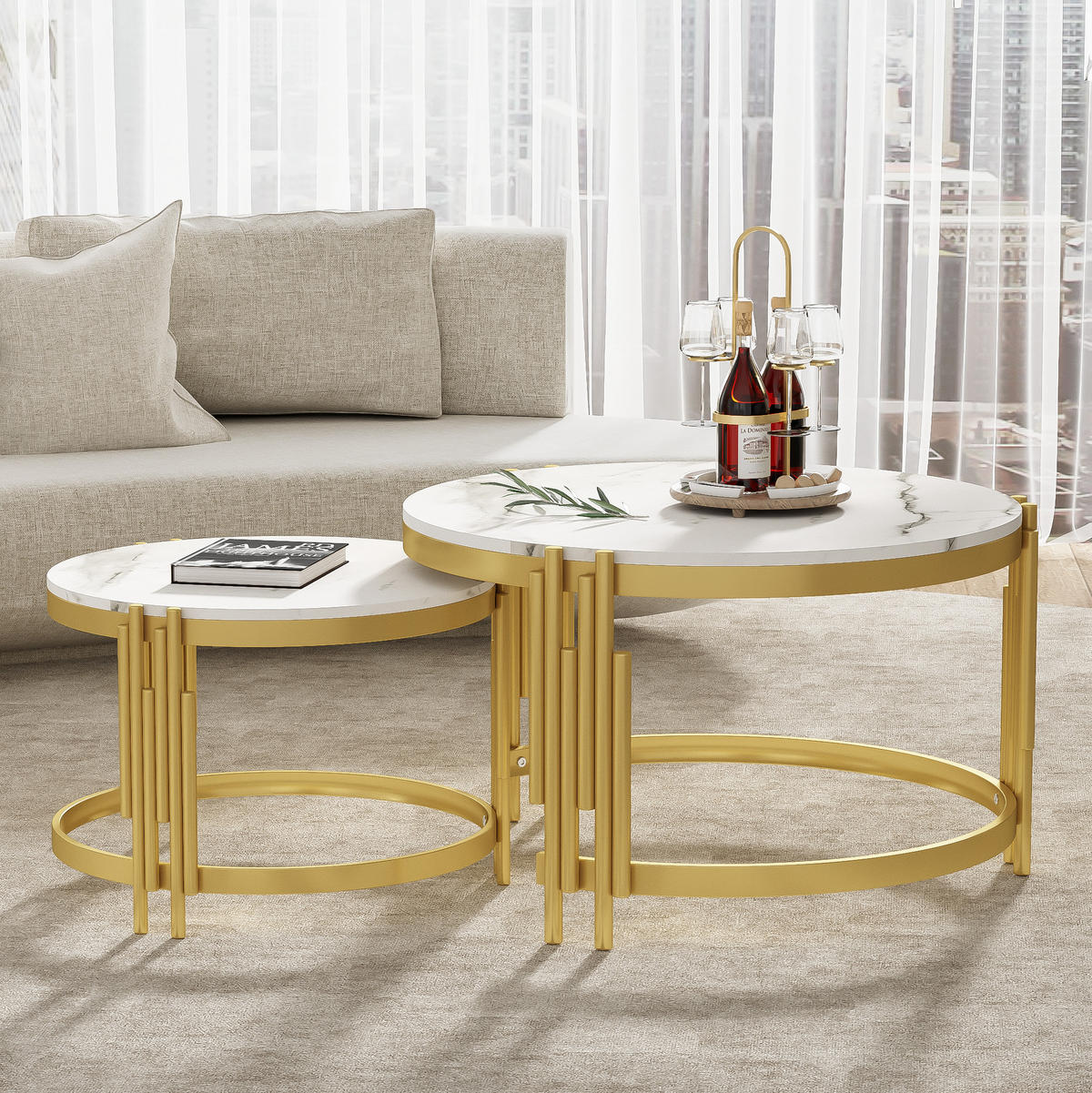 COUCHTISCH-SET rund nestbar 71,5/51,5 cm in Marmoroptik mit Metallgestell - Messingfarben, Holzwerkstoff (71.5/58/44cm) - BEAOK