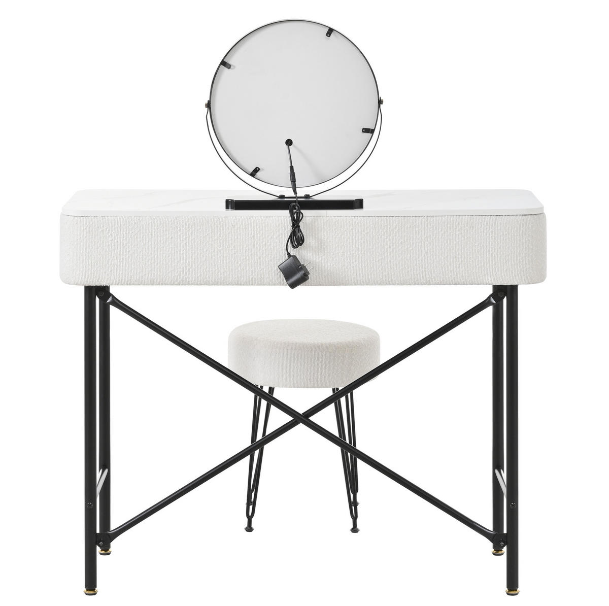 SCHMINKTISCH aus Spanplatte und Metall 100x40x120 cm Weiß mit LED-Spiegel, 2 Schubladen und Hocker - Weiß, Holzwerkstoff (100/120/40cm) - Modfu