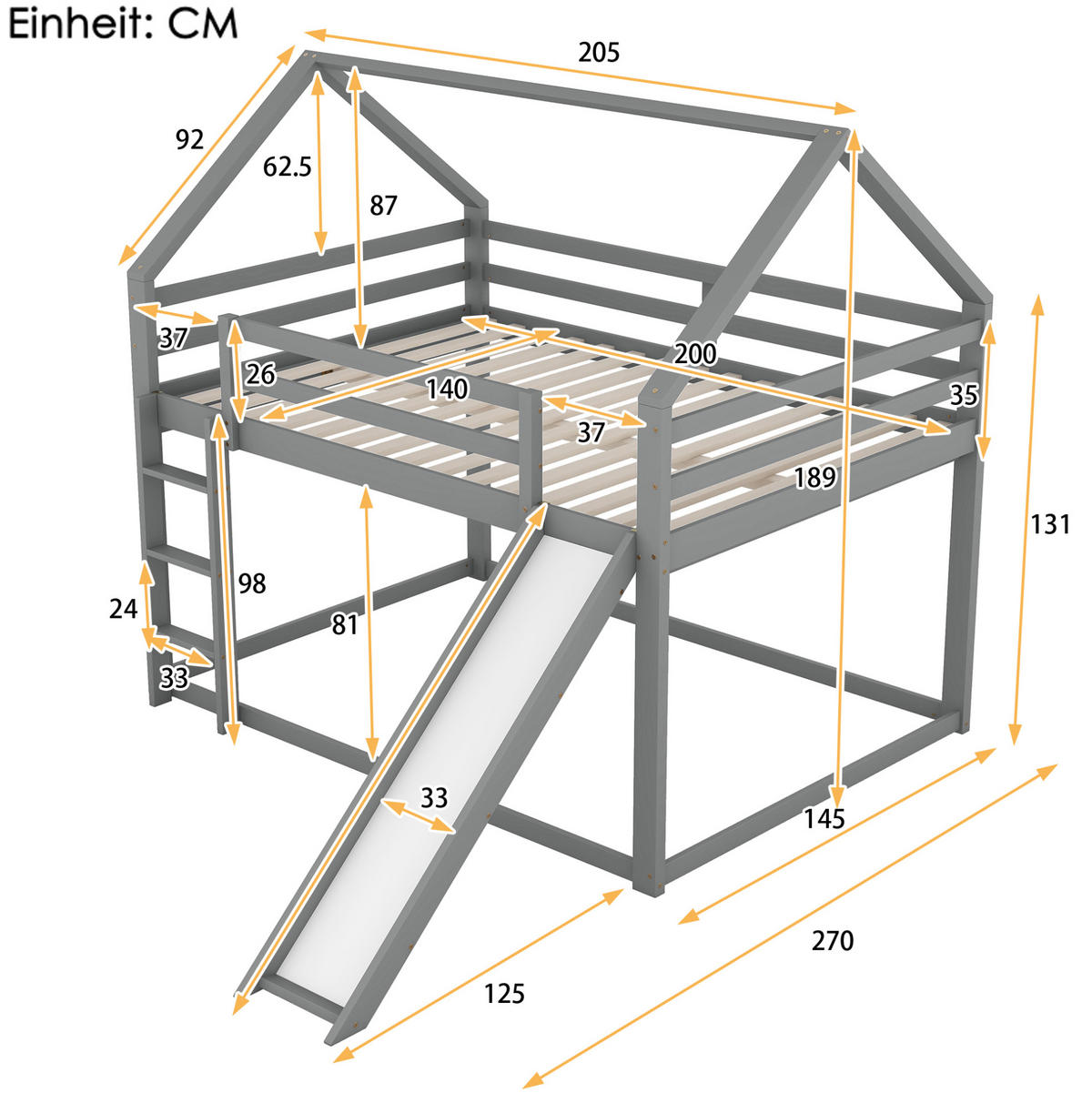 HAUS-ETAGENBETT aus Kiefernholz 140x200 cm Grau mit Rutsche und Leiter - Grau, Holzwerkstoff (140/200cm) - IVMEU