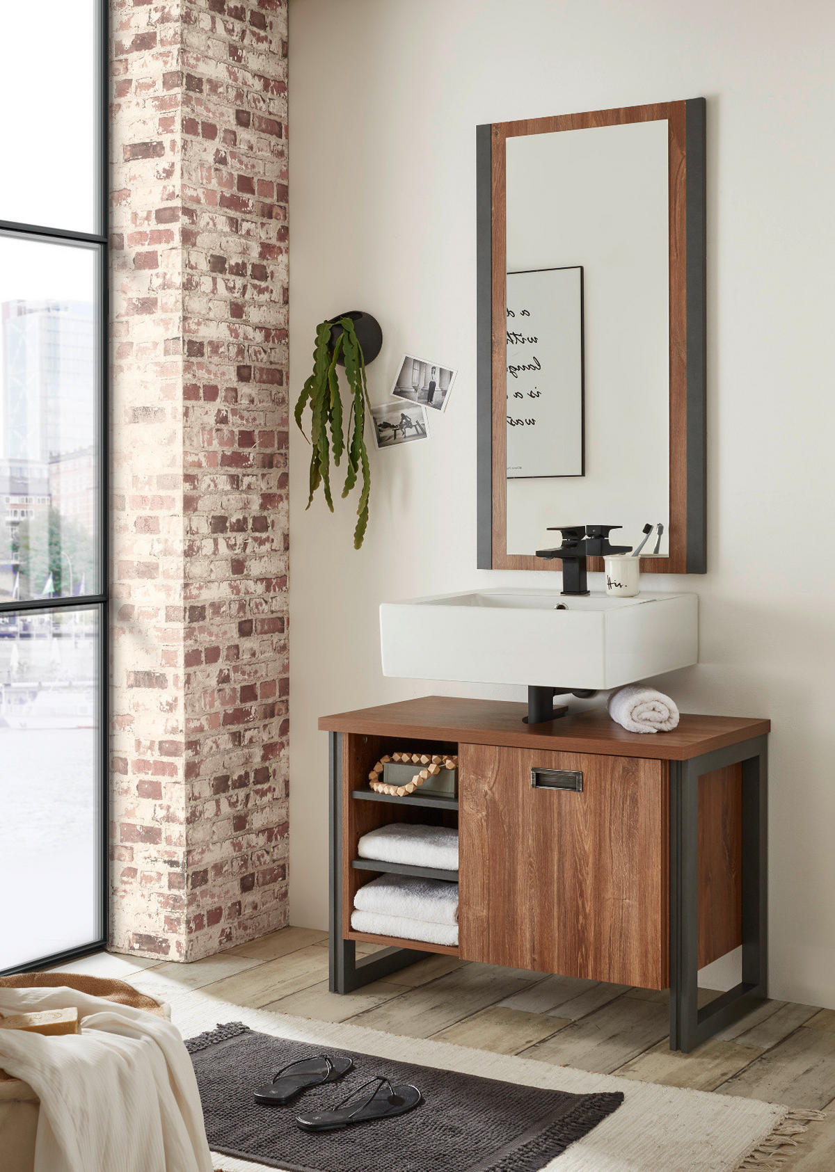 WASCHBECKENUNTERSCHRANK Eiche Stirling, Matera grau, Badmöbel Unterschrank 81 x 62 cm - Eichefarben/Grau, Holz/Holzwerkstoff (81/62/40cm)