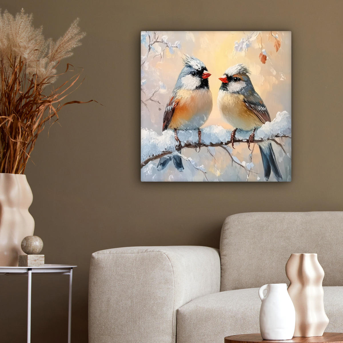 LEINWANDBILD Vögel - Zweig - Winter - Schnee 50x50 cm - Pastellblau, Textil (50/50cm) - MuchoWow