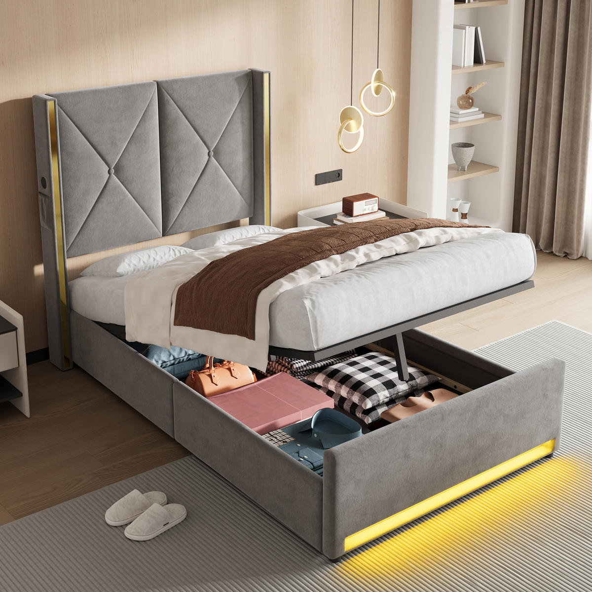POLSTERBETT 90/200 cm in Dunkelgrau mit Bettkasten, LED, USB und Type-C Samt - Dunkelgrau, Holzwerkstoff/Textil (90/200cm) - STILVORA