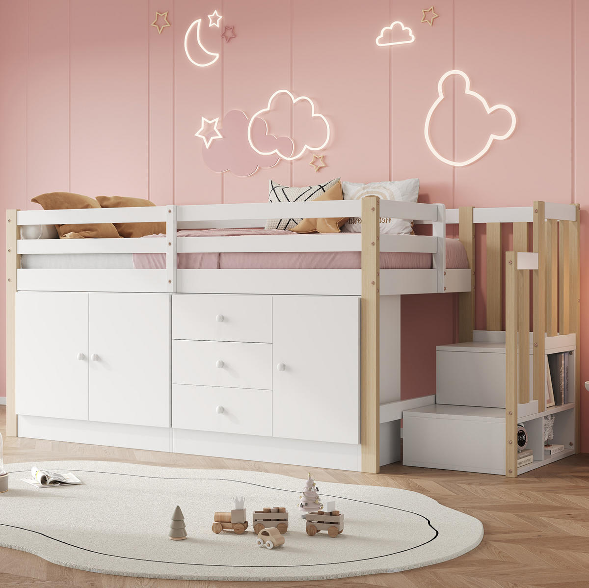 KINDEREINZELBETTEN aus MDF 90x200 cm in Weiß mit Treppe, Schubladen & 2 Schränken - Weiß, Holzwerkstoff (90/200cm) - Modfu