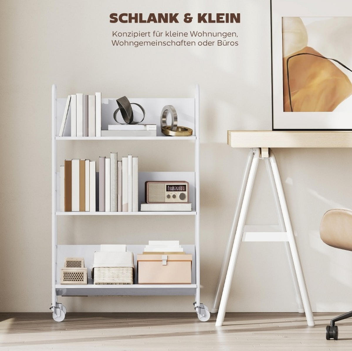 BÜCHERREGAL aus Metall 69x26x108 cm Weiß mit 3 Ebenen und Rollen, platzsparendes Standregal - Weiß, Metall (69/108/26cm) - Modfu