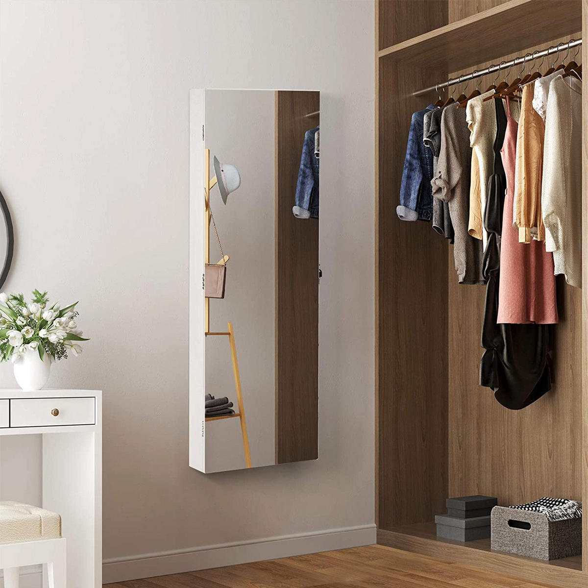 SCHMUCKSCHRANK GANZKÖRPERSPIEGEL - Weiß, Holzwerkstoff (110/10/37cm) - Hansiro