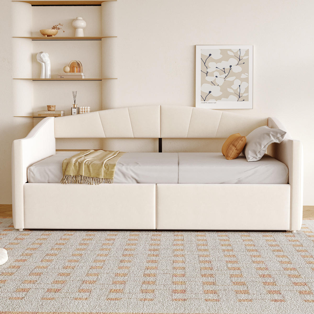 SAMT-POLSTERBETT 90/200 cm mit Bettkasten und Armlehnen in Beige - Beige, Textil (90/200cm) - BEAOK