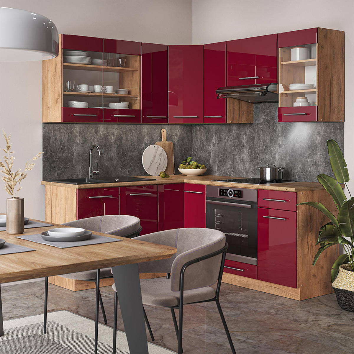 ECKKÜCHE Fame-Line Bordeaux Hochglanz/Goldkraft Eiche 160 x 190 cm AP Anthrazit - Bordeaux/Eiche Wotan, Holzwerkstoff (190/81.6/60cm) - Vicco