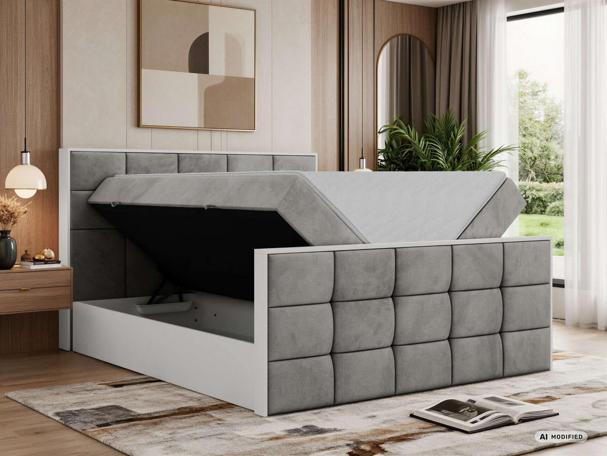 BOXBETT ALVIT DUO 160/200 - Hellgrau Velvet - Topper Visco - H3 - Hellgrau/Schwarz, Kunststoff/Textil (160/200cm) - MKS