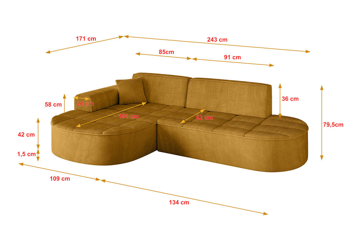 ECKSOFA Ottomane Links TARO-L1 - 243x171x79,5 cm Senfgelb - Currygelb/Gelb, Holzwerkstoff/Textil (243/171cm) - ALTDECOR