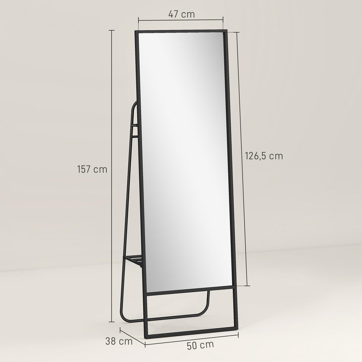 GANZKÖRPERSPIEGEL 157 x 50 cm Rechteckig Standspiegel mit Regal, 2 Haken Schwarz - Schwarz, Metall (38/157/50cm) - HOMCOM