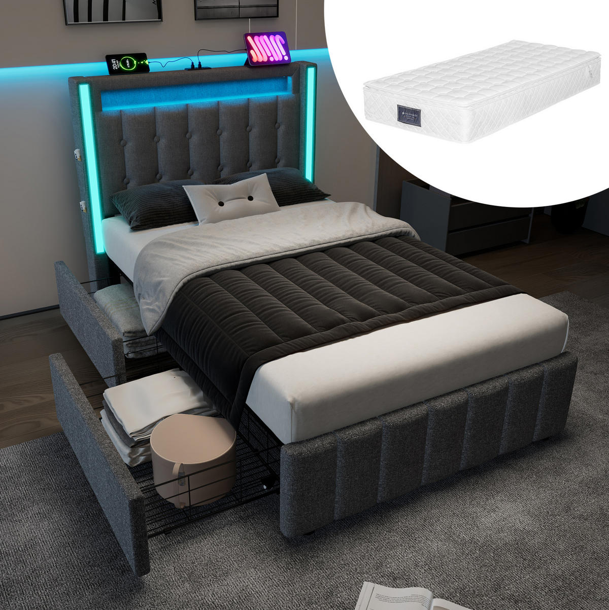 POLSTERBETT 90/200 cm Grau mit LED-Beleuchtung und USB-Anschlüssen - Grau, Textil (90/200cm) - Flora Grace