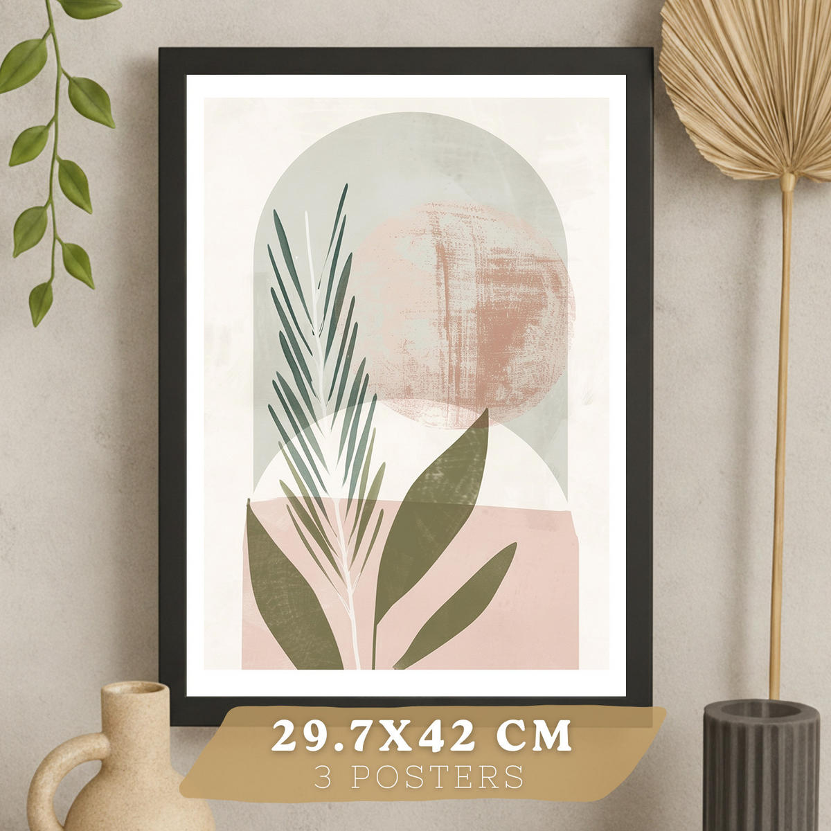 PLAKAT Sada 3 dekorativních nástěnných tisků, zelené a růžové rostliny, pro moderní dekoraci obývacího pokoje květinové motivy, velikost Černý rám A3 - černá, papír (29.7/42/3cm) - Nacnic