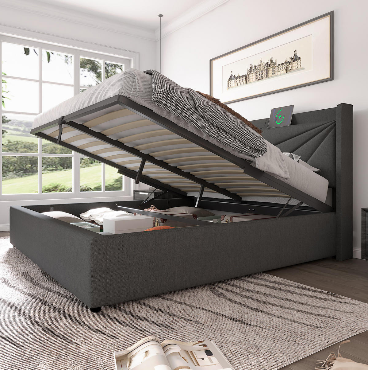 POLSTERBETT mit Bettkasten USB/Typ-C 140x200 cm Grau - Grau, Metall (140/200cm) - Meubliv