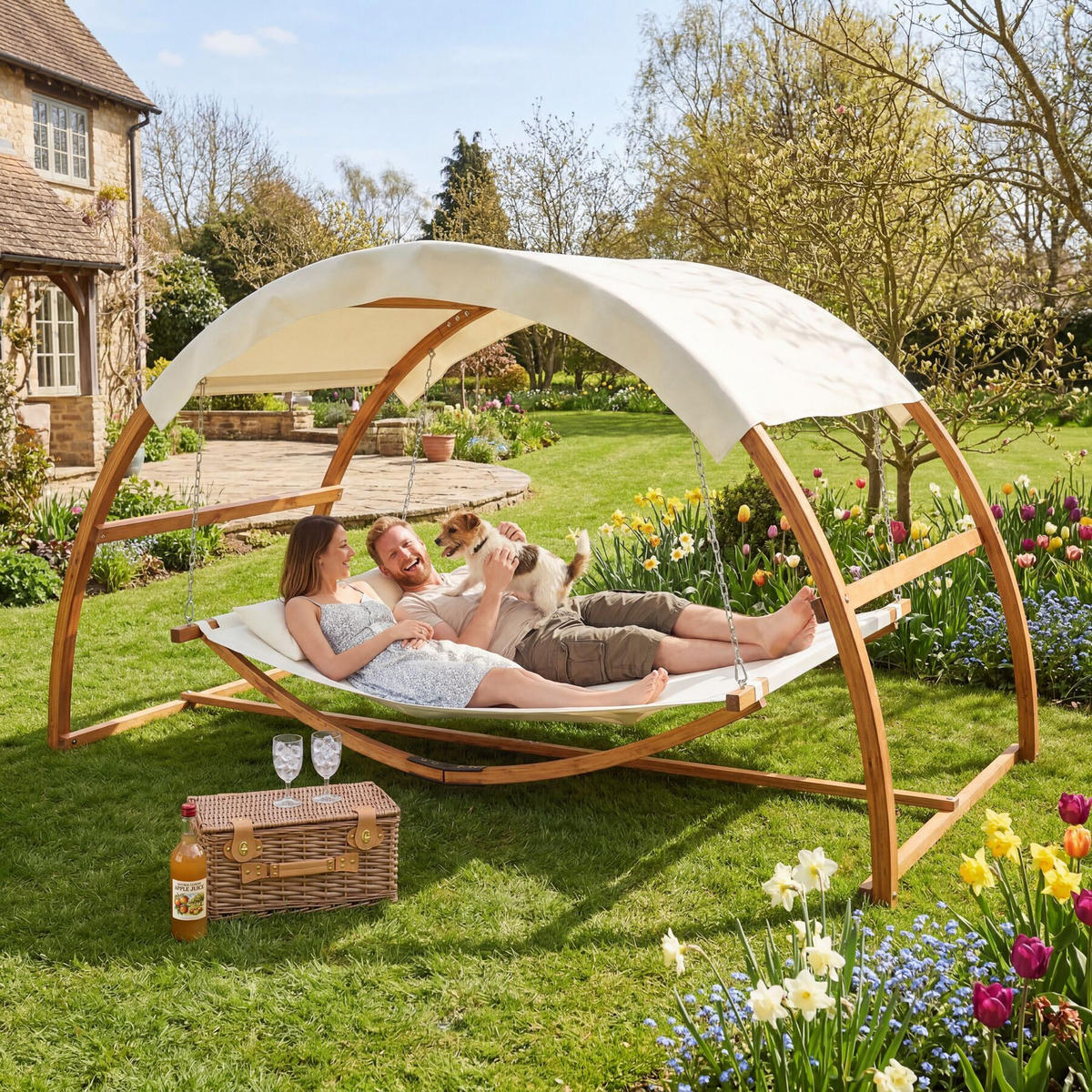 HÄNGEMATTE Locarno, Belastbarkeit 250 kg, 328 x 160 x 171,5 cm, teak - Teakfarben, Holz (160/171.5/328cm) - tectake