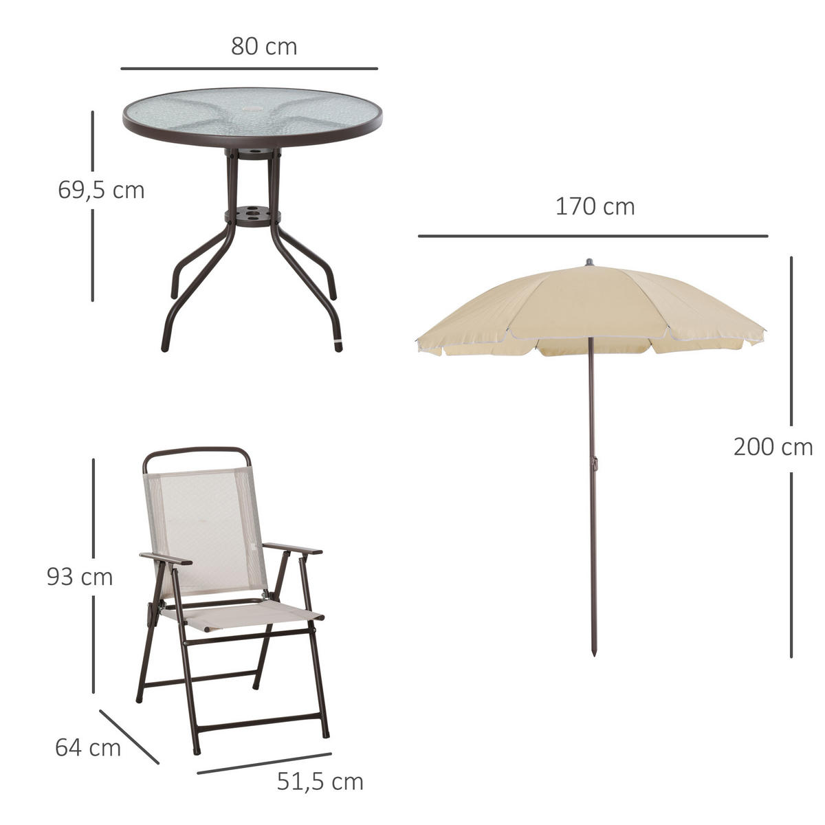 BALKONSET DE-18108 4 Klappstühle, runder Tisch und Schirm Beige - Braun, Metall - ComfortXL